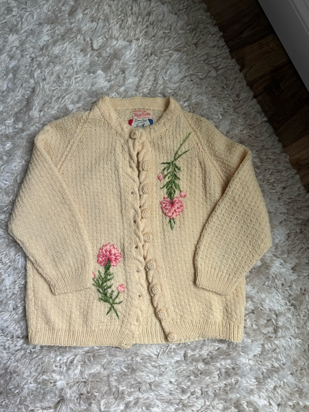 100% Wool Dream Spun Bermuda SMITH Cream Cardigan with Pink Floral Embroidery